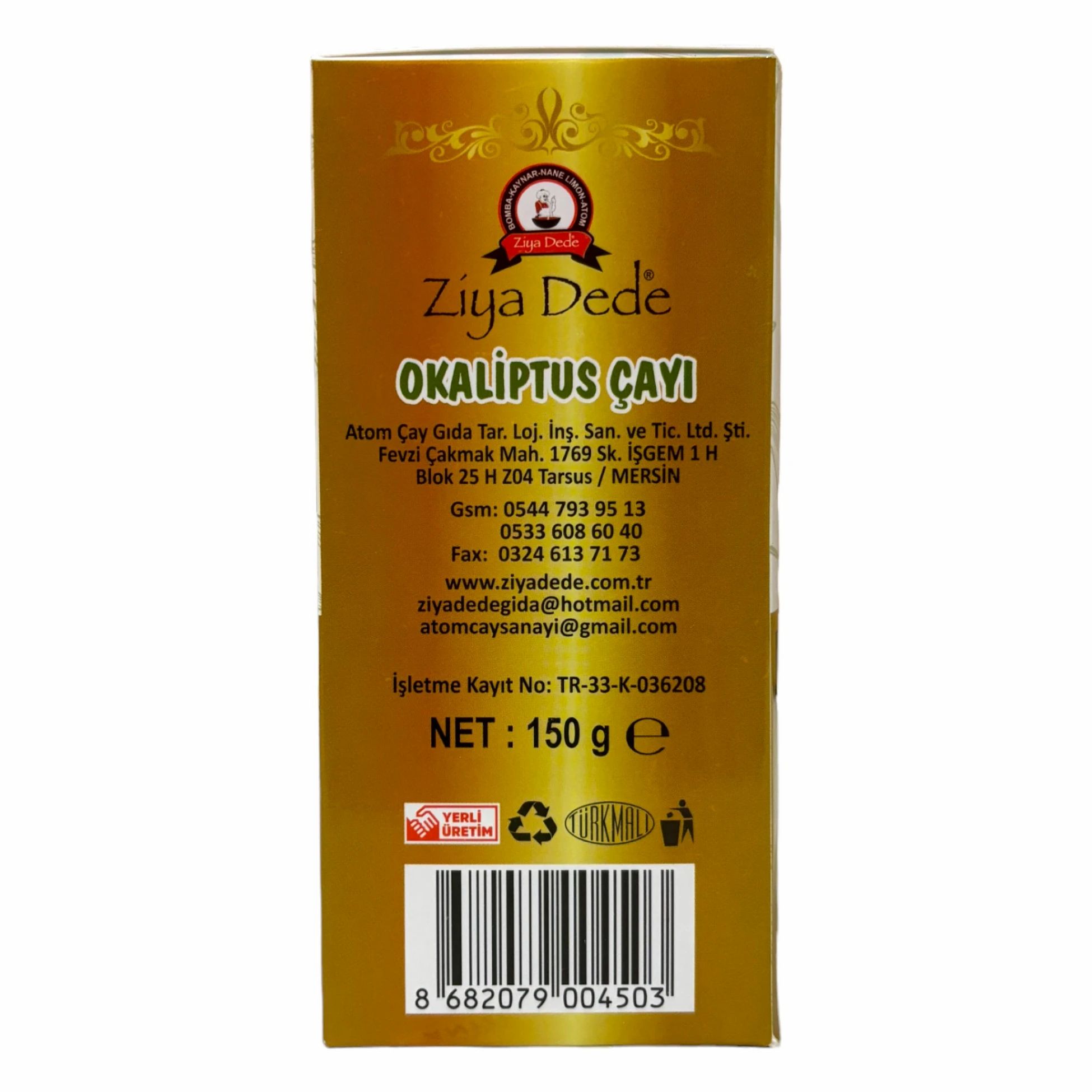Dos de la boîte de thé Ziya Dede Eukalyptus. Fond doré, informations produit, code-barres et poids net.