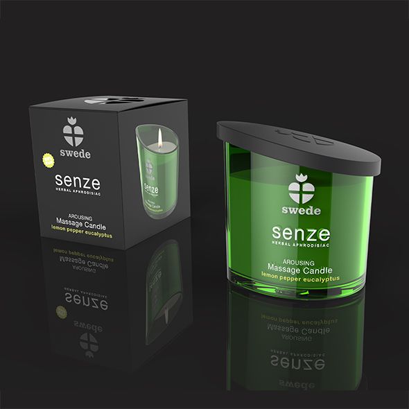 Bougie de massage verte emballée et déballée. Boîte avec 'swede senze AROUSING Massage Candle lemon pepper eucalyptus'.