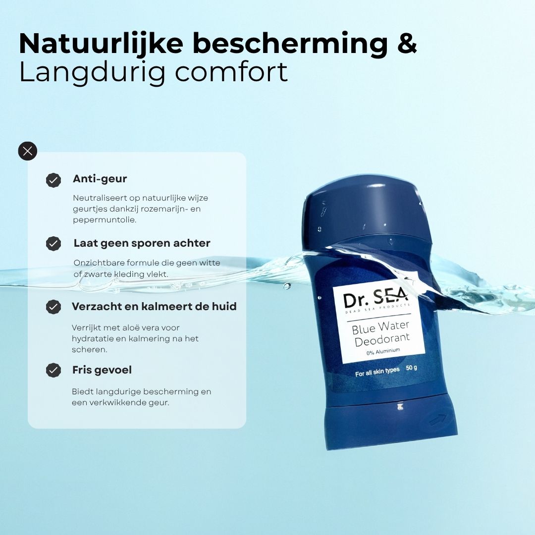 Blauwe deodorantstick in water. Tekst: Natuurlijke bescherming & langdurig comfort. Anti-geur, laat geen sporen achter.
