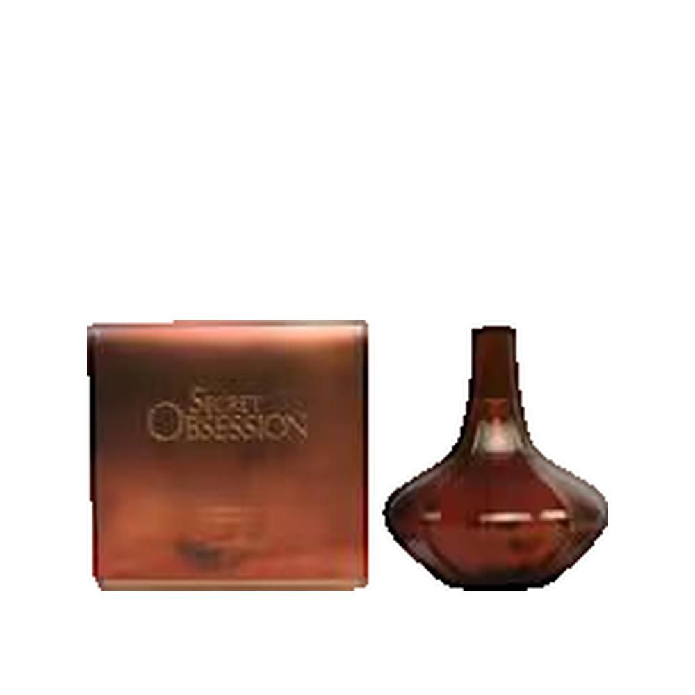 Bruine fles en verpakking met "Secret Obsession" en "Calvin Klein". Fles met ronde buik en smalle hals.