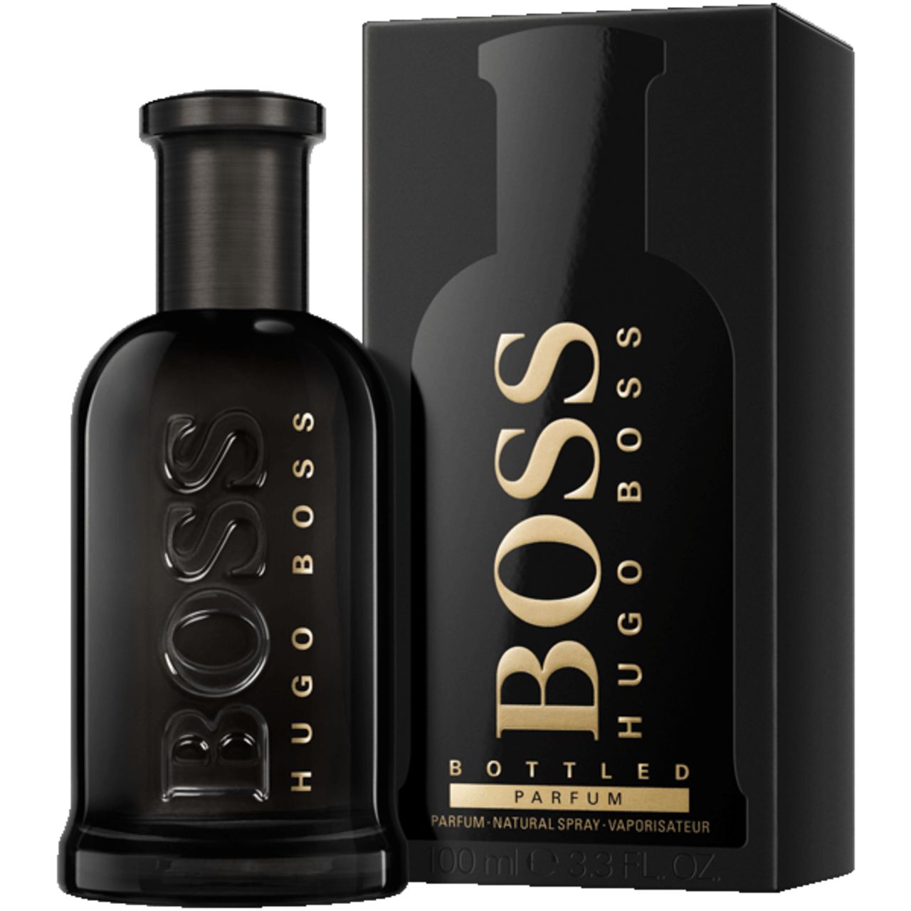 Zwarte fles met gouden belettering BOSS HUGO BOSS. Zwarte verpakking met productafbeelding en belettering.