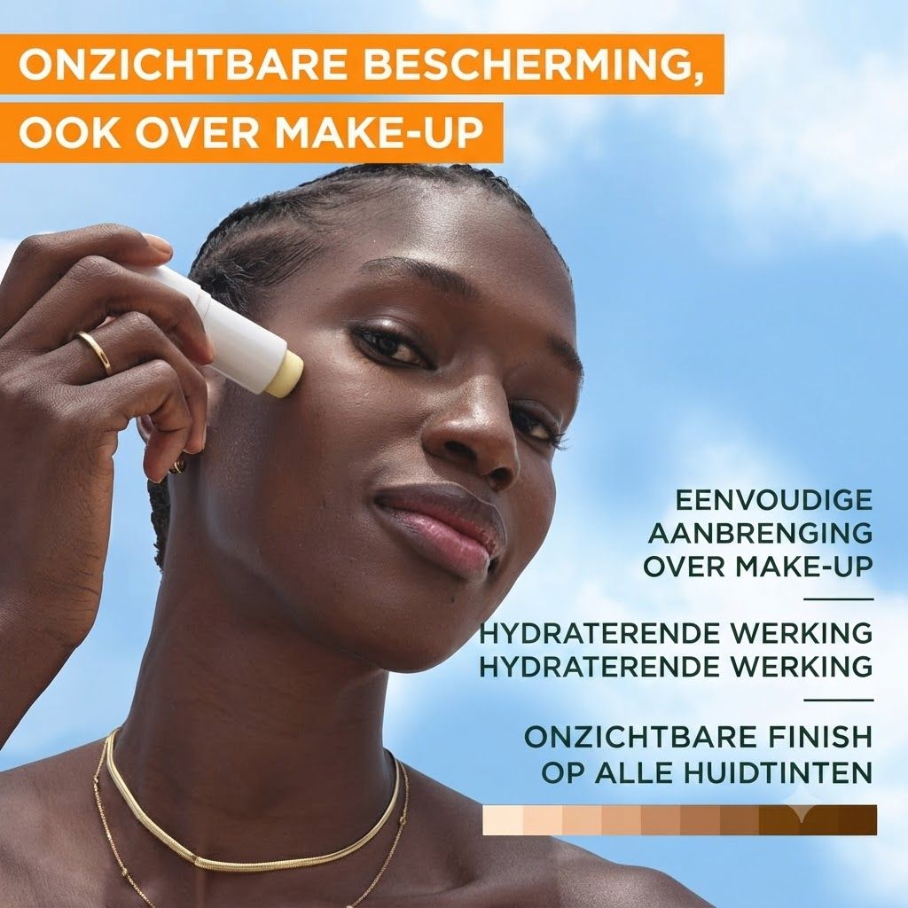 Een vrouw brengt een zonnebrandstick aan op haar gezicht. De stick is wit met een gele applicator.