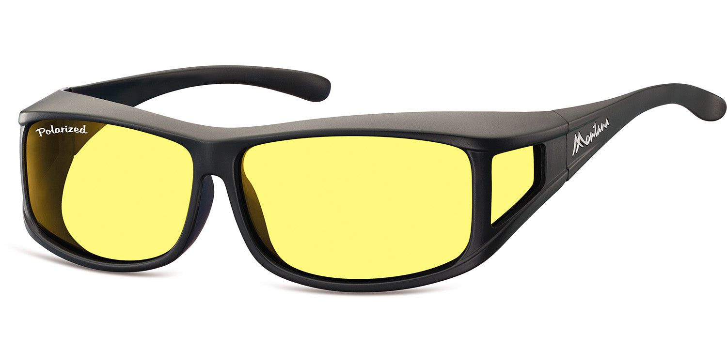Lunettes de soleil noires avec verres jaunes. "Polarized" sur la lentille gauche. "Montana" sur la branche.