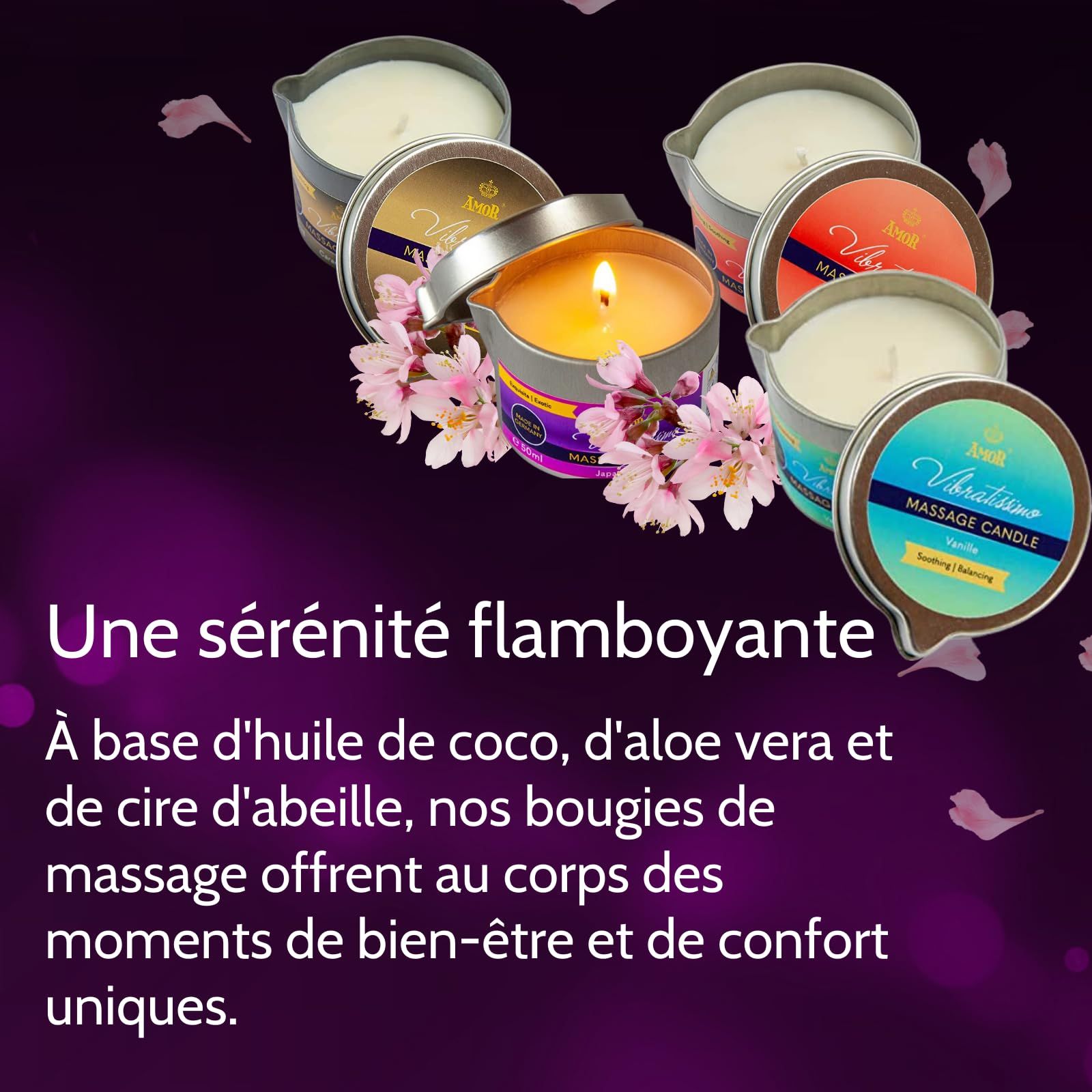 Plusieurs bougies de massage Vibratissimo, une allumée, décorées de fleurs.