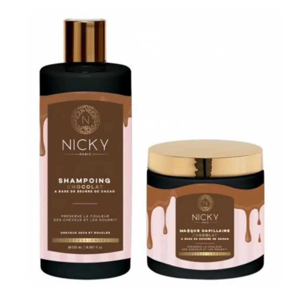 Set shampoo en haarmasker. Zwarte flessen en pot met bruine en gouden details. Opschrift: Nicky Paris. "Shampoing Chocolat".