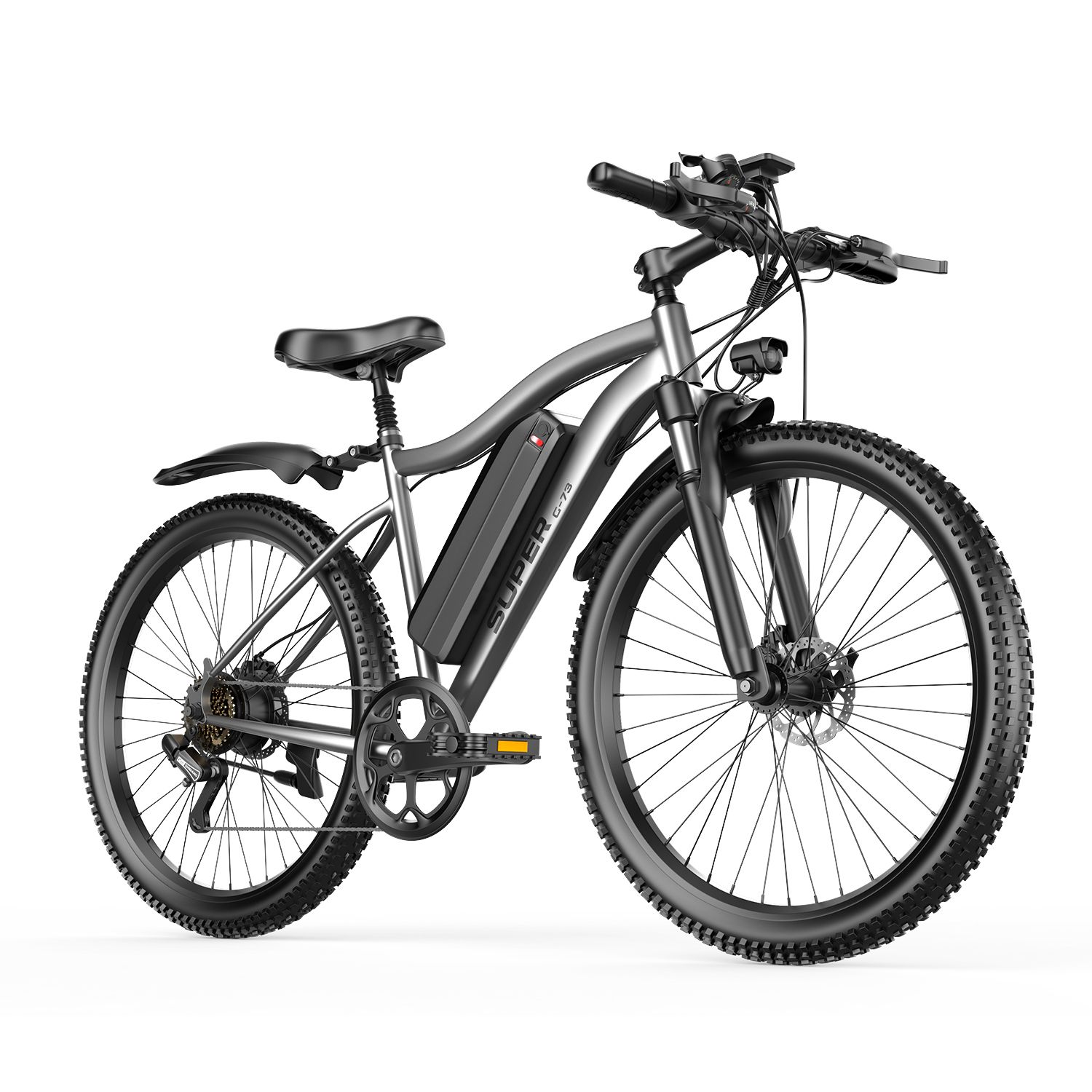 Vélo électrique gris avec pneus et garde-boue noirs. Batterie sur le cadre. Inscription "SUPER G73".