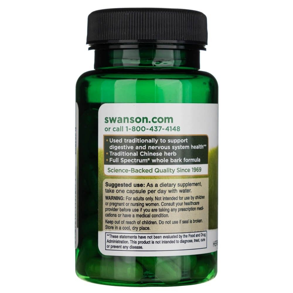 Dos d'une bouteille de Swanson Magnolienrinde, avec avertissements et suggestions d'utilisation.