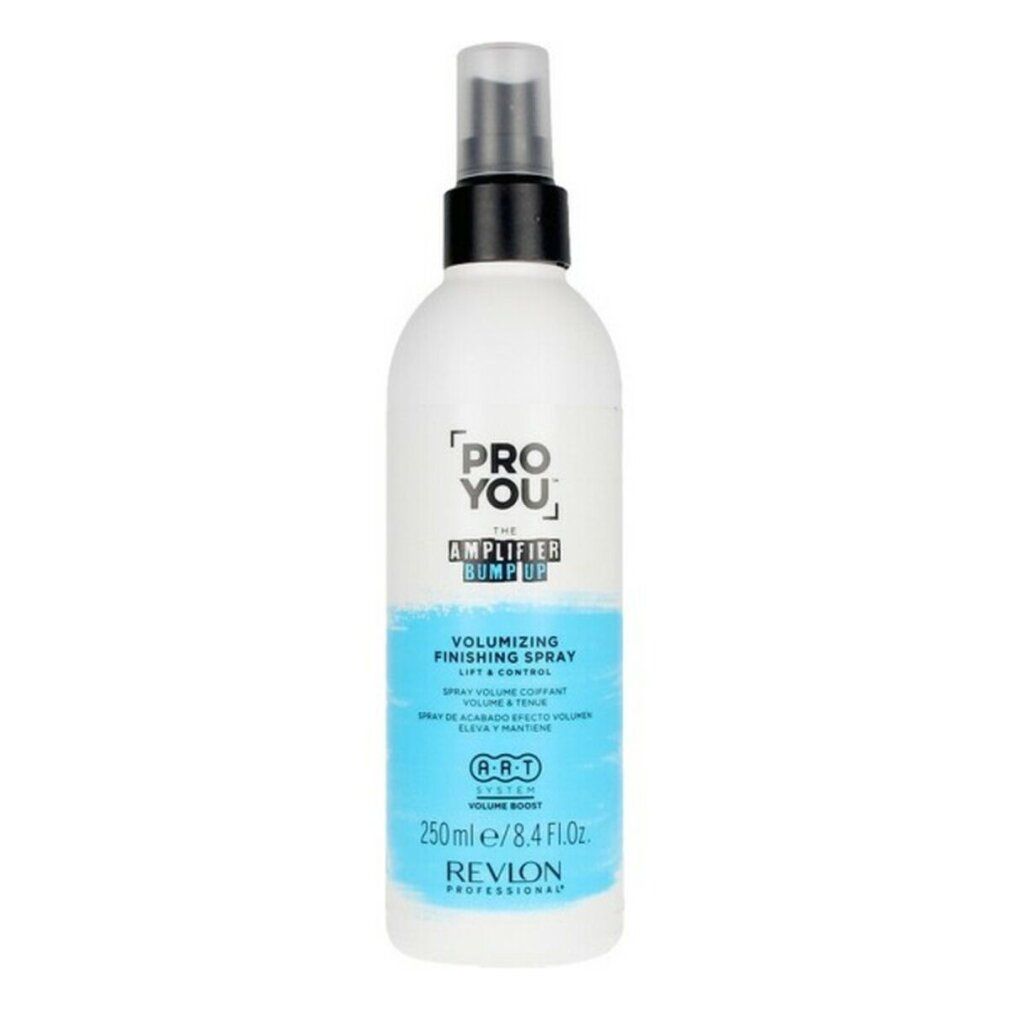 Witte fles met zwarte spraykop. Blauwe tekst: Pro You, Amplifier Bump Up, Volumizing Finishing Spray. Revlon Professional.
