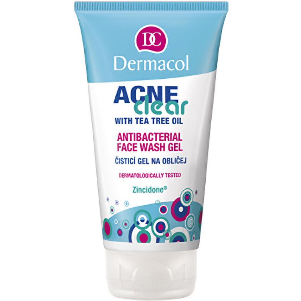 Tube bleu et blanc. Inscription: Dermacol Acne Clear Gel lavant antibactérien pour le visage. Avec huile d'arbre à thé. Testé dermatologiquement.