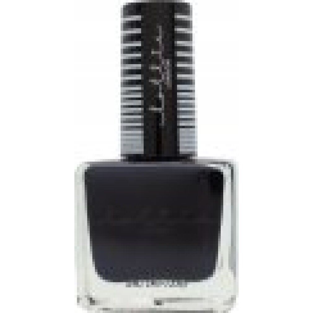 Flacon de vernis à ongles carré avec vernis noir. Bouchon noir à rayures blanches et noires. Logo Lottie London.