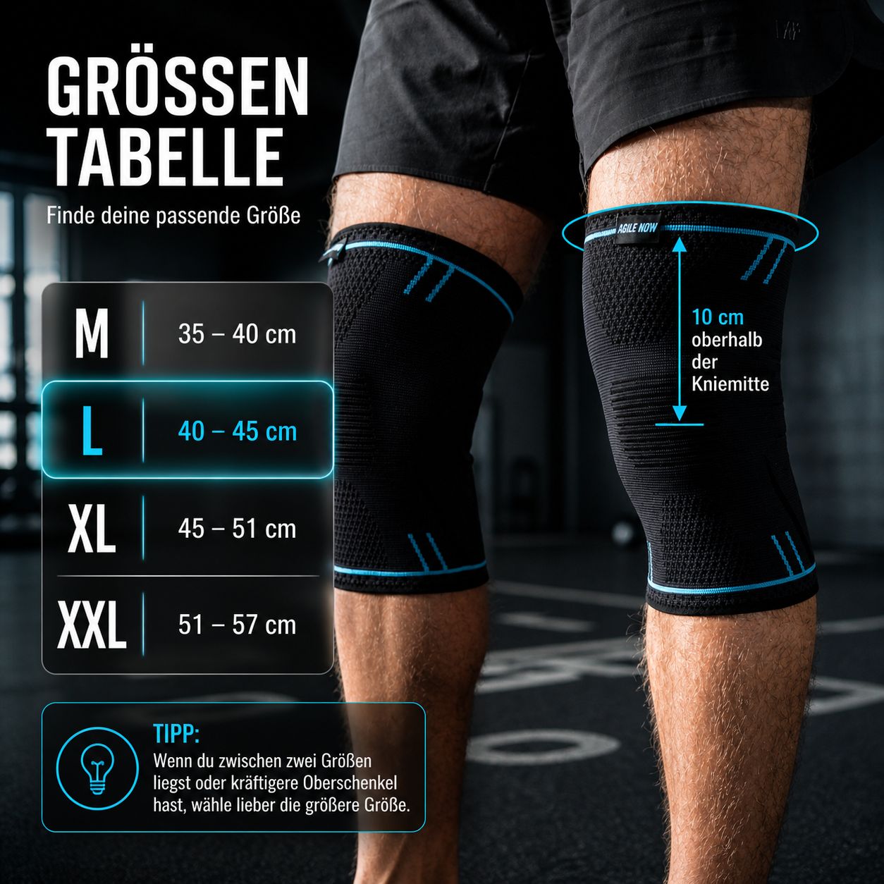 Maattabel voor kniebraces. Maten M t/m XXL. Meting: 10 cm boven de knie.