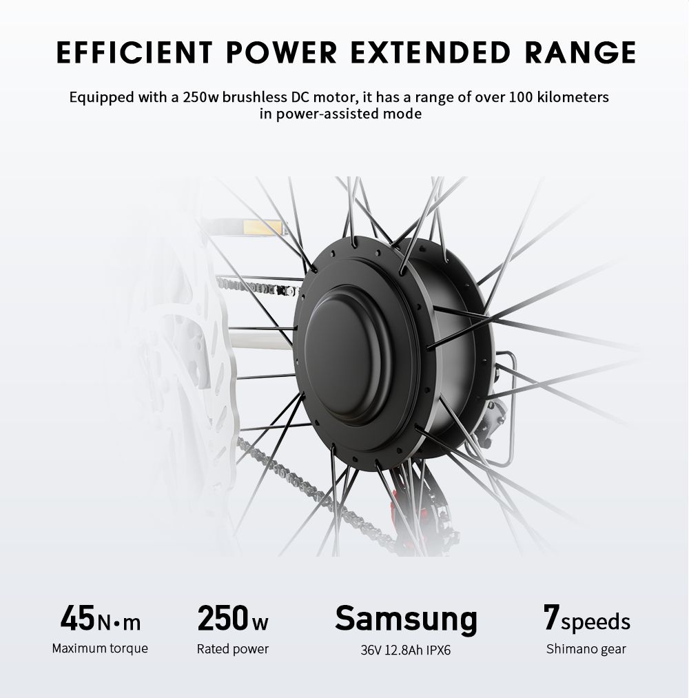 E-bike motor met 250W vermogen, 45 N.m koppel, Samsung 36V 12.8Ah IPX6 batterij. 7-speed Shimano versnellingen.