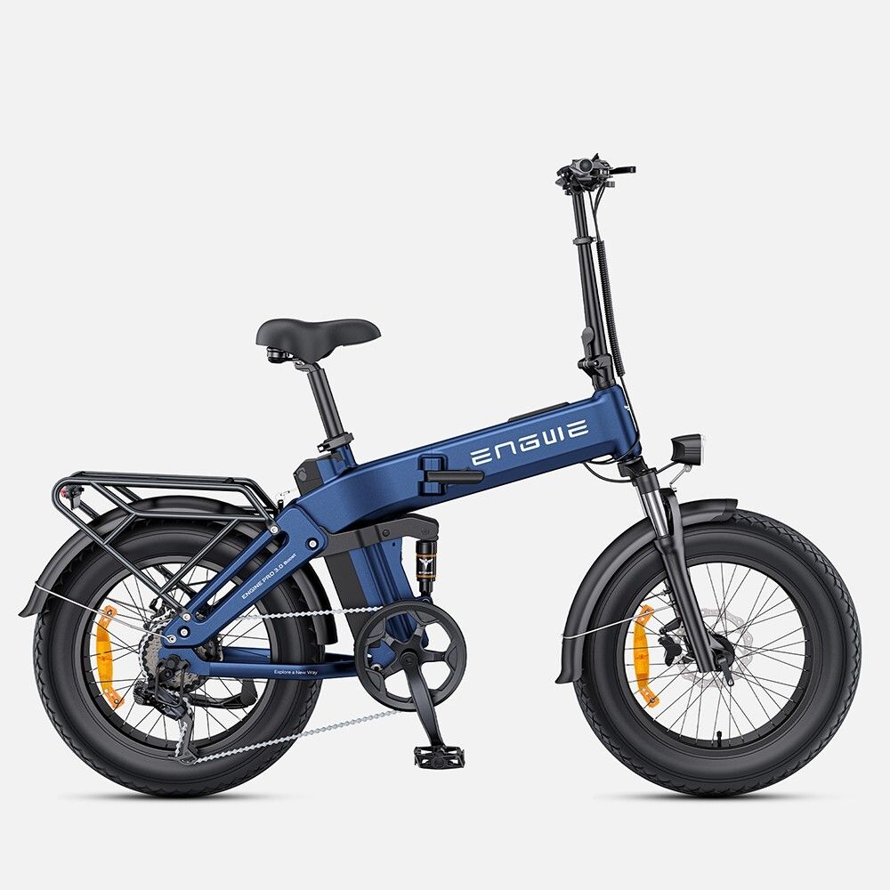 Vélo électrique pliable bleu avec pneus noirs. Le nom de la marque ENGWE est visible sur le cadre.