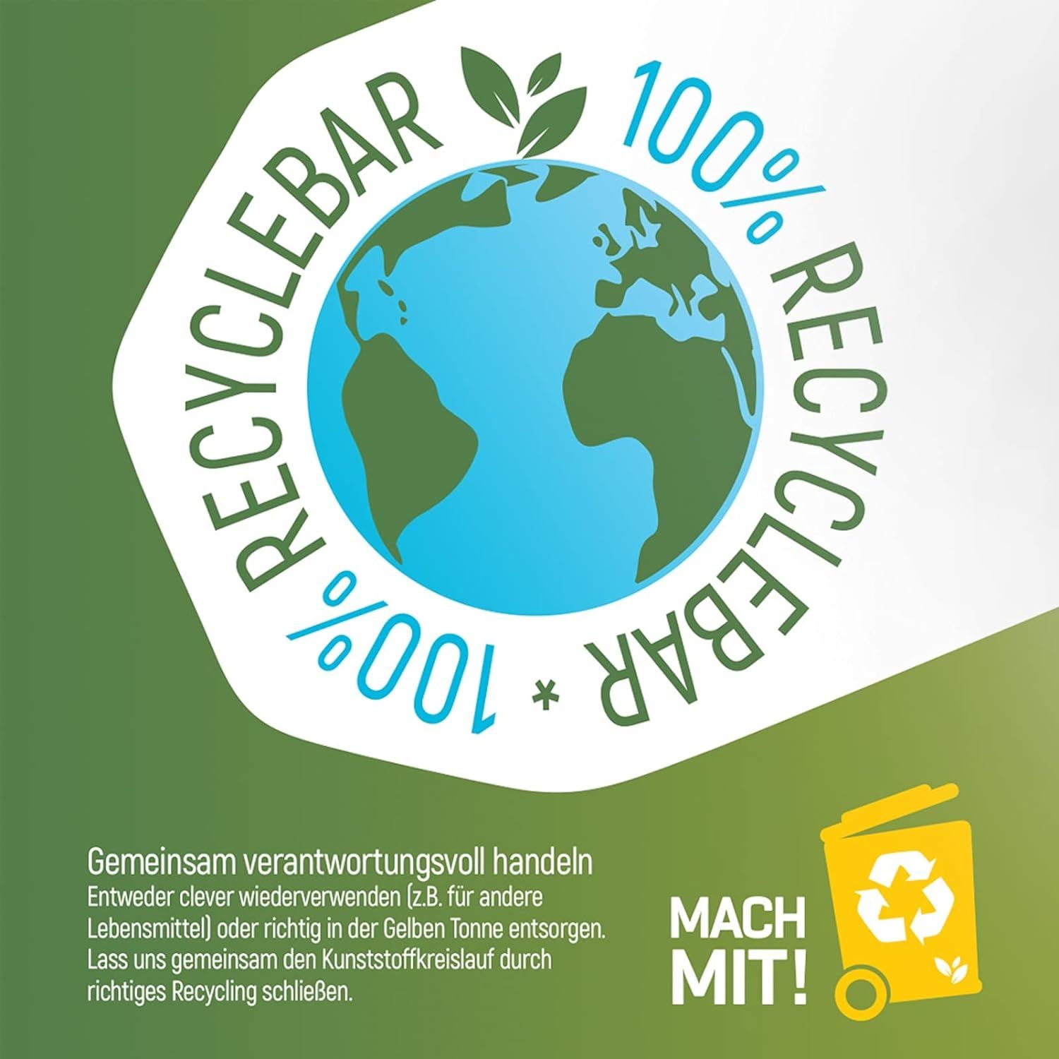 Symbole de recyclage circulaire avec texte: 100% recyclable. Texte: Agir de manière responsable ensemble. Poubelle jaune.