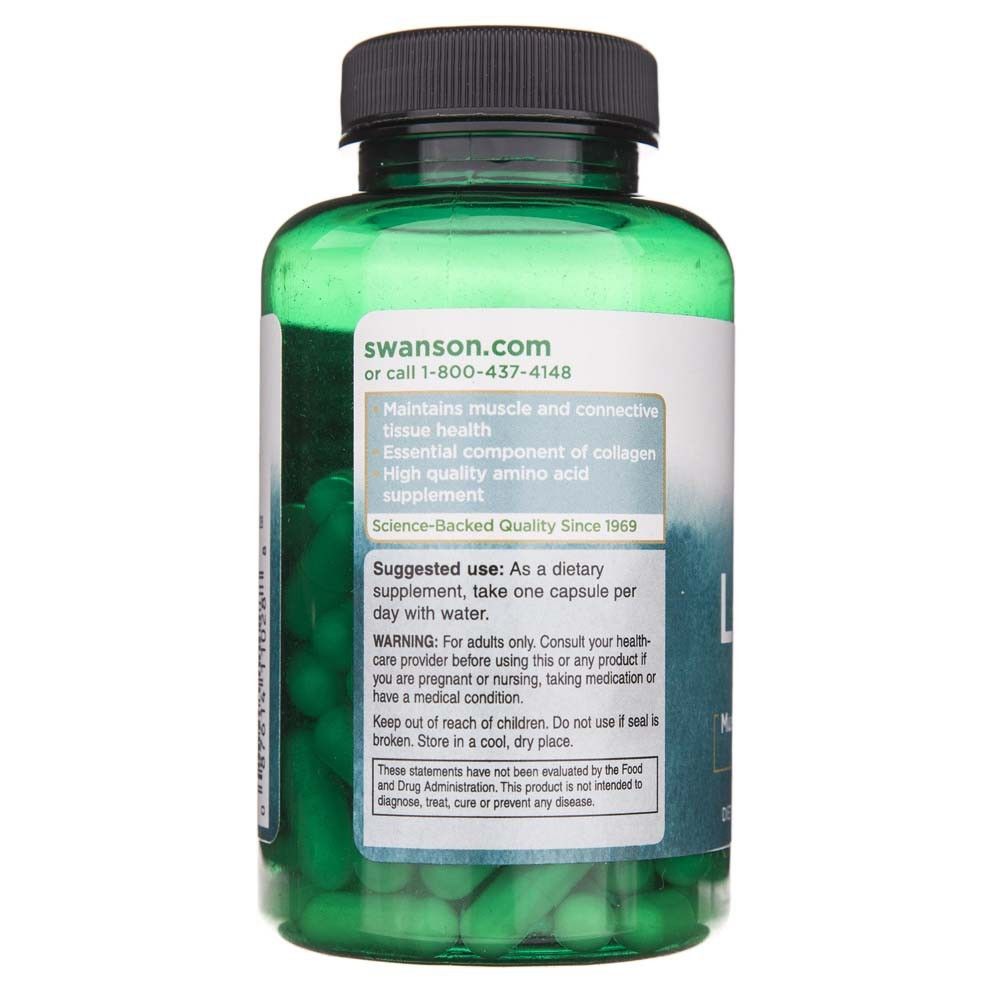 Arrière d'une bouteille verte de gélules de L-Proline, informations produit et instructions d'utilisation.