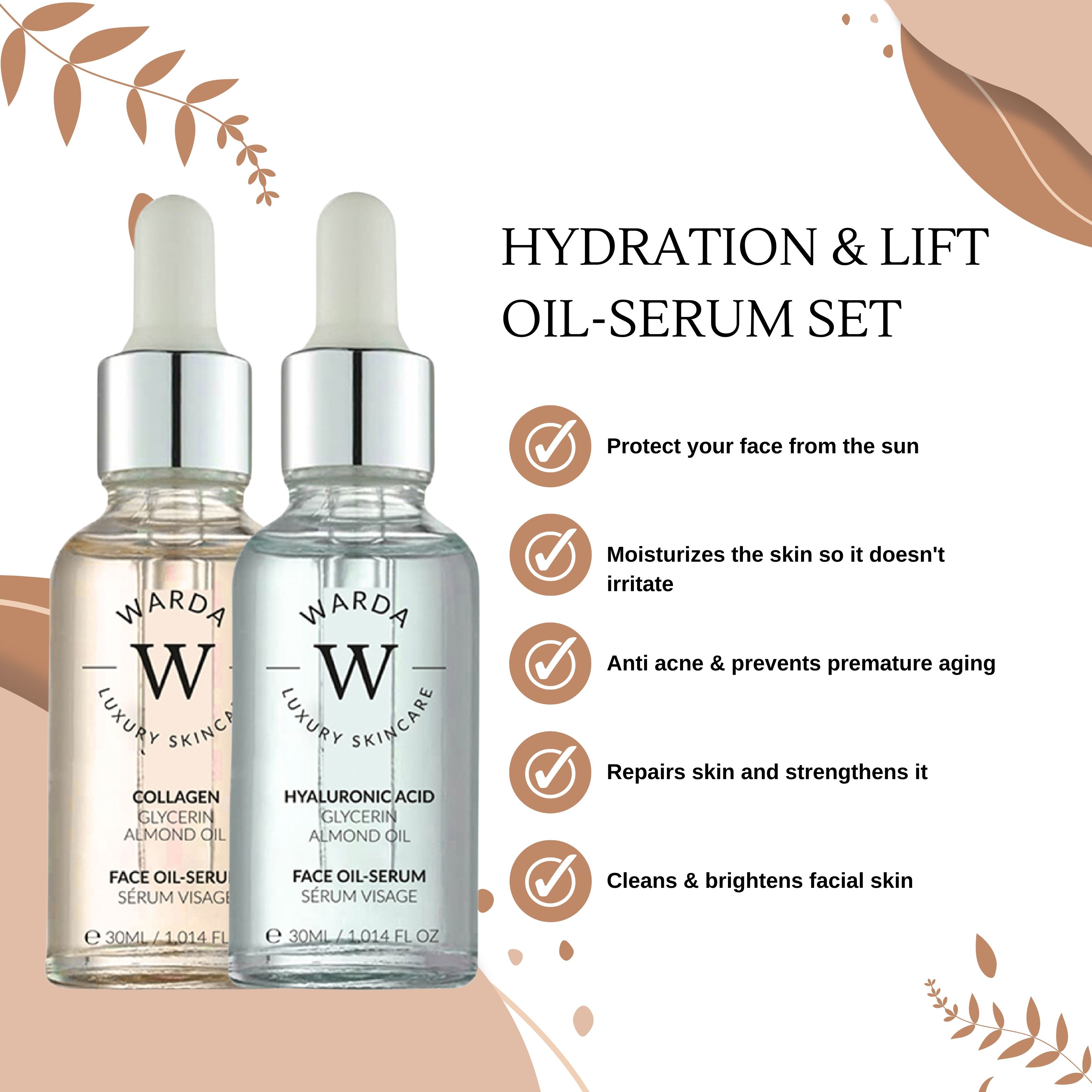 Deux flacons de sérum facial Warda. L'un contient du collagène, de la glycérine et de l'huile d'amande. L'autre contient de l'acide hyaluronique, de la glycérine et de l'huile d'amande. Texte: Hydratation & Lift Oil-Serum Set.