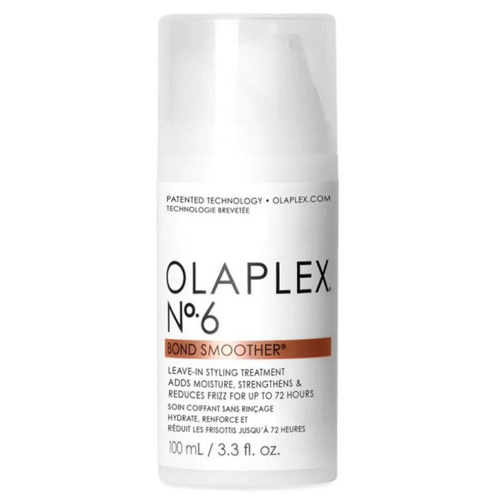 Witte cilindrische fles met transparante dop. Opschrift: OLAPLEX No.6 Bond Smoother. Tekst.