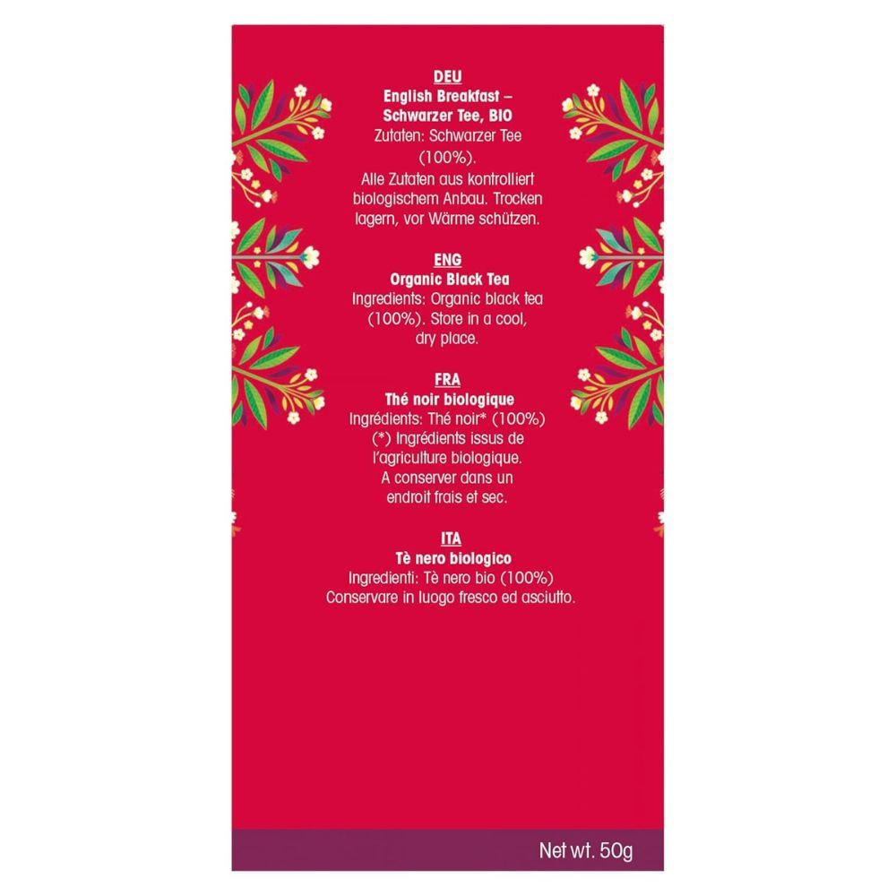 Achterkant van de rode "English Tea Shop" verpakking. Ingrediëntenlijst in het Duits, Engels, Frans en Italiaans.