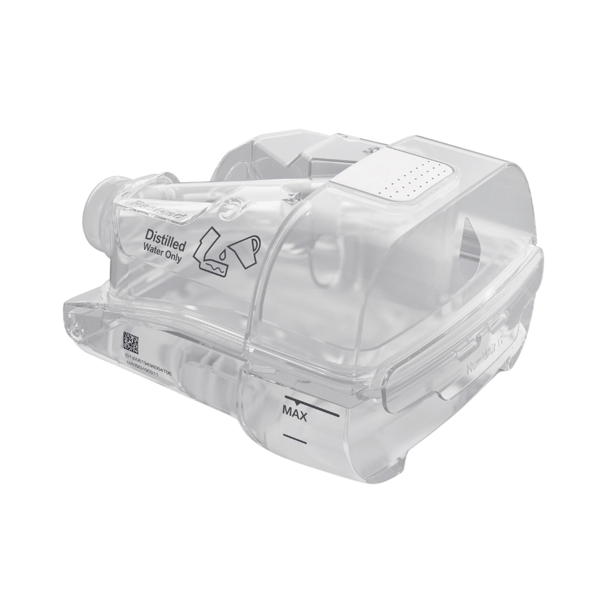 Chambre d'humidificateur transparente avec marquages pour eau distillée et niveau de remplissage maximum.