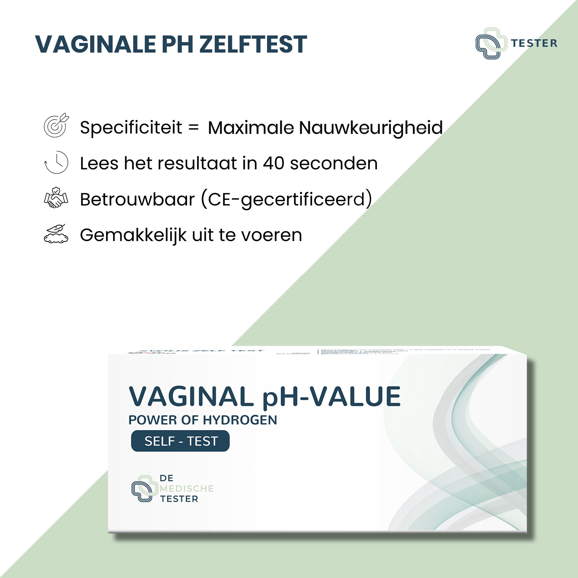 Verpakking met tekst "VAGINALE PH ZELFTEST". Logo "De Medische Tester". Extra informatie.