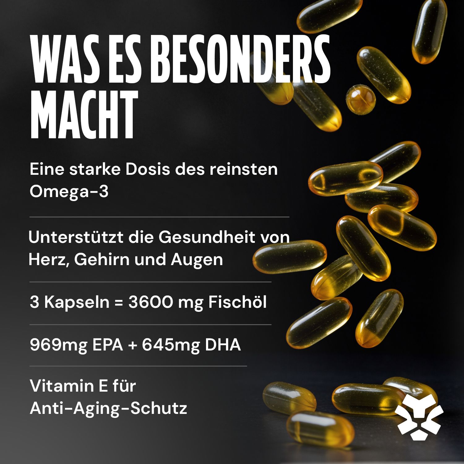Gélules d'huile oméga-3. Texte : Forte dose, soutient cœur, cerveau, yeux. 3 gélules = 3600 mg huile de poisson, EPA, DHA, vitamine E.
