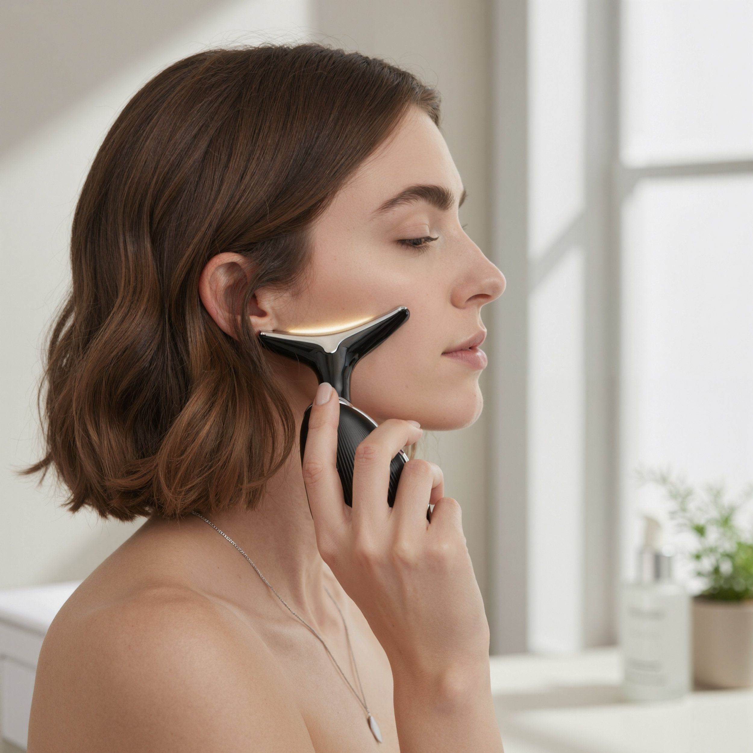 Appareil noir et argenté sur le visage d'une femme. Tête lumineuse. Vue de profil, utilisation en cours.