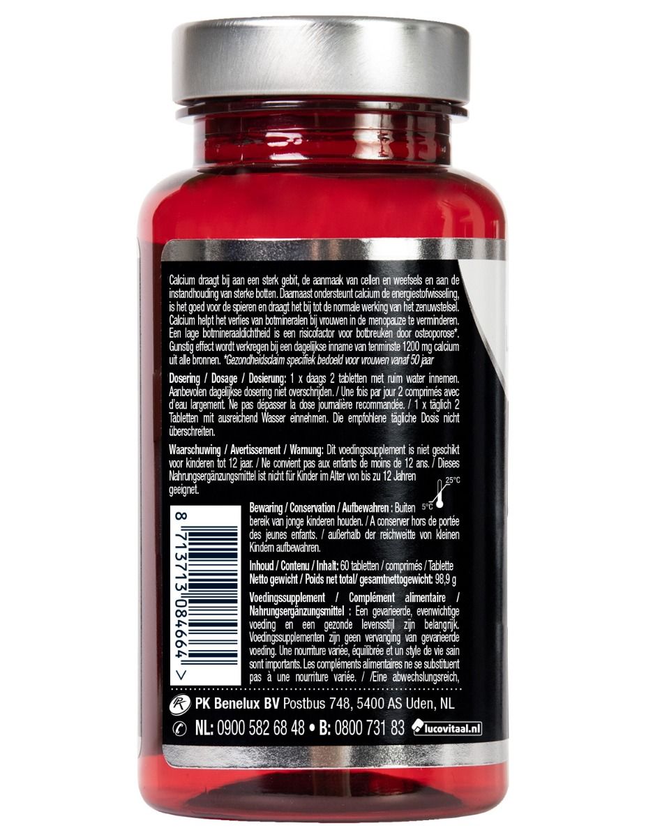 Dos du flacon rouge. Contient des informations sur le dosage et les avertissements. Code-barres.