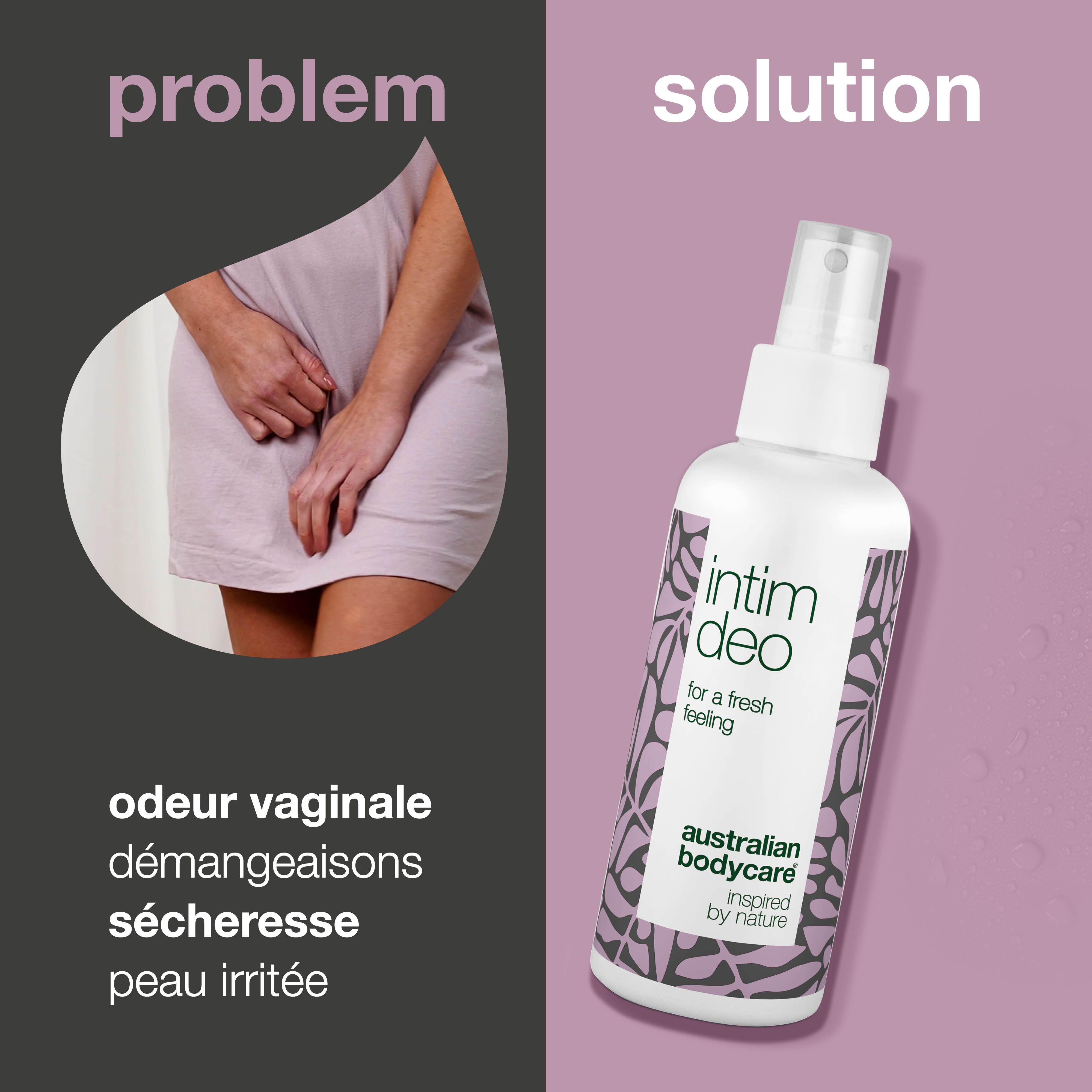 Publicité produit et solution. Spray Intim Deo. Texte : Odeur vaginale, démangeaisons, sécheresse, peau irritée.