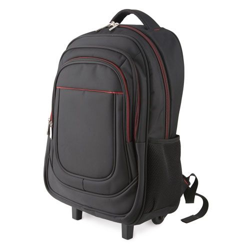 Zwarte trolleyrugzak met rode accenten. Uitschuifbare handgreep. Zijvak. Ritsvakken.