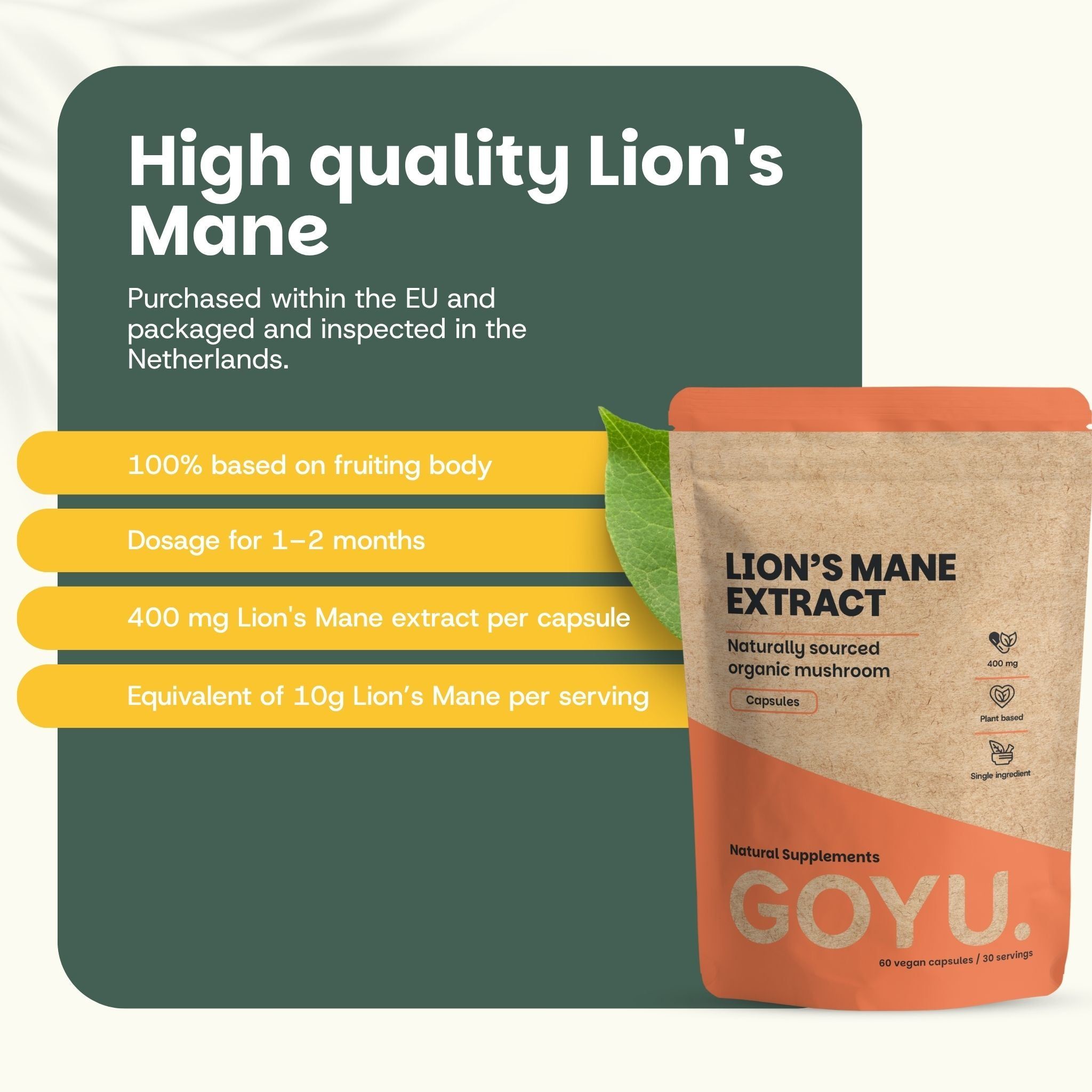 Sachet d'extrait de crinière de lion, à côté d'avis clients et de feuilles de plantes.