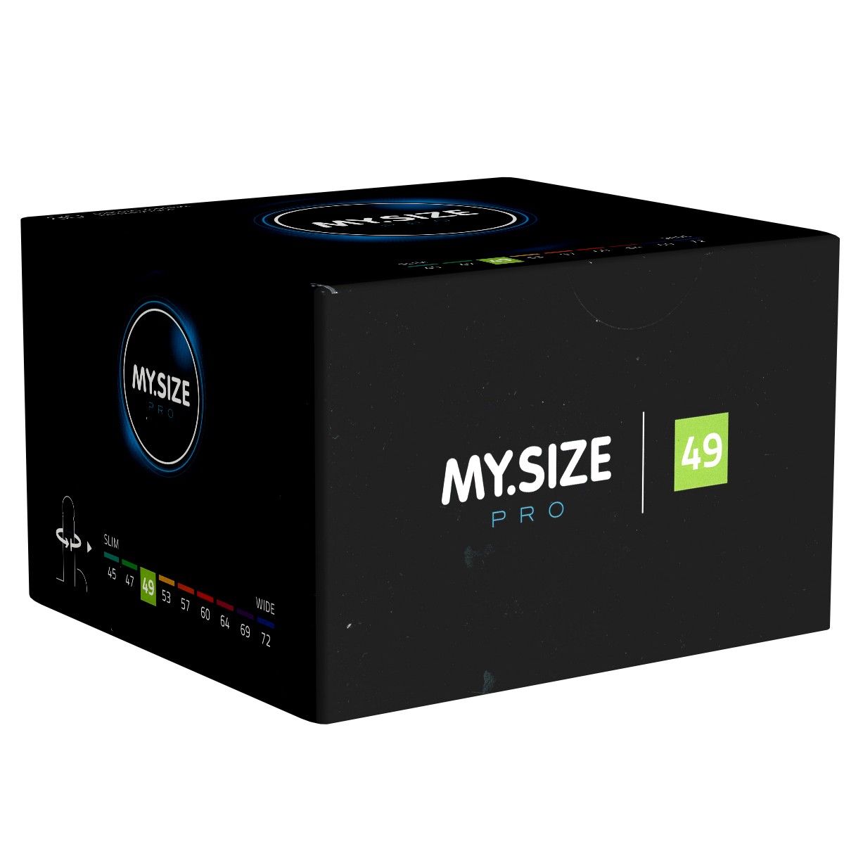 Zwarte doos MY.SIZE PRO. Maat 49 uitgelicht. Maten van 45 tot 72.