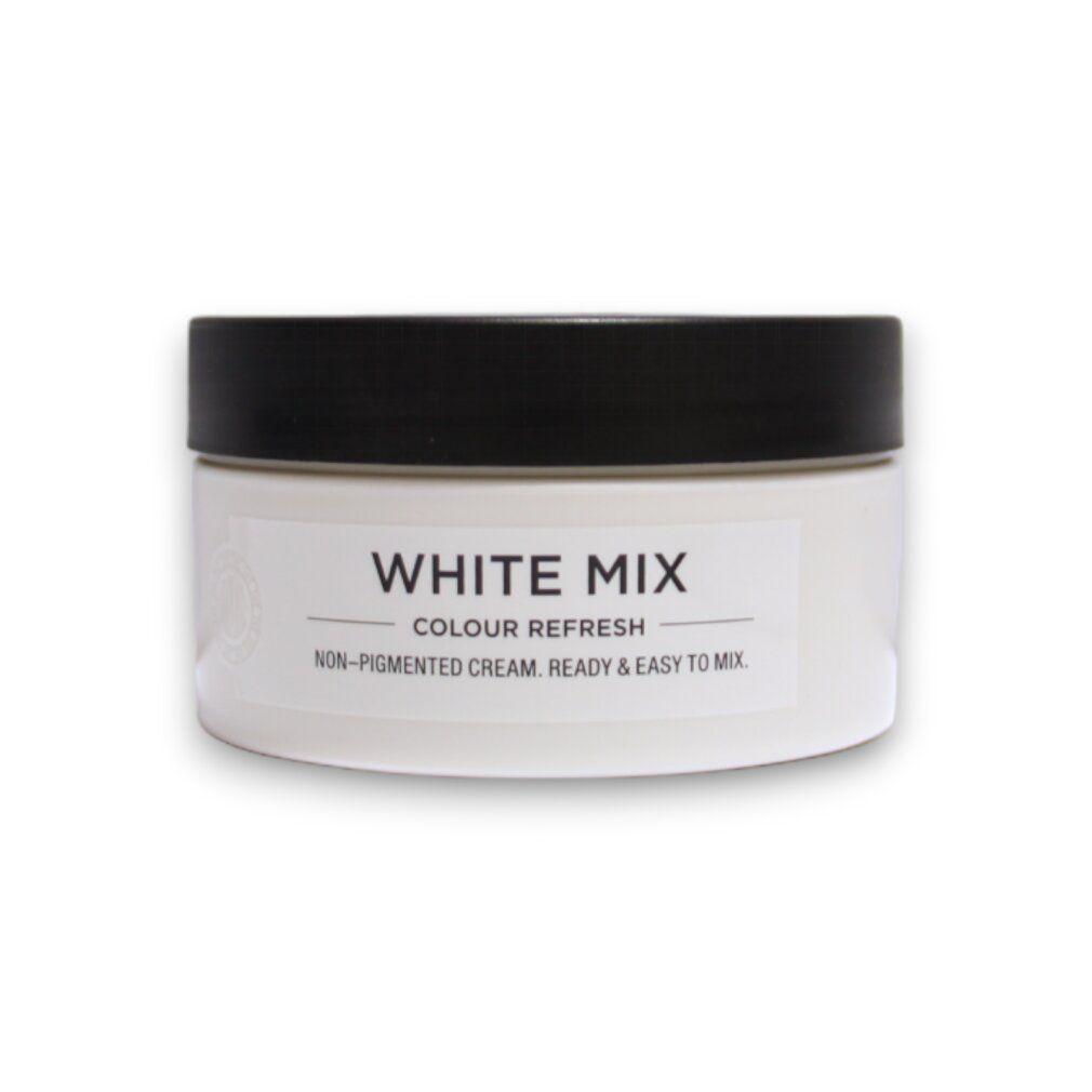 Witte pot met zwart deksel, gelabeld "WHITE MIX COLOUR REFRESH".