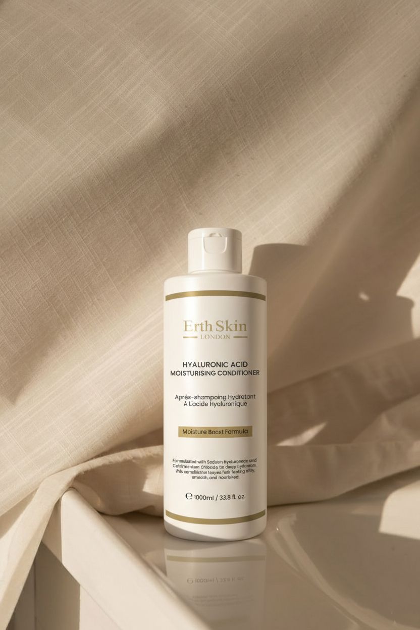Bouteille blanche ErthSkin London Hyaluronic Acid Moisturising Conditioner, 1000ml.