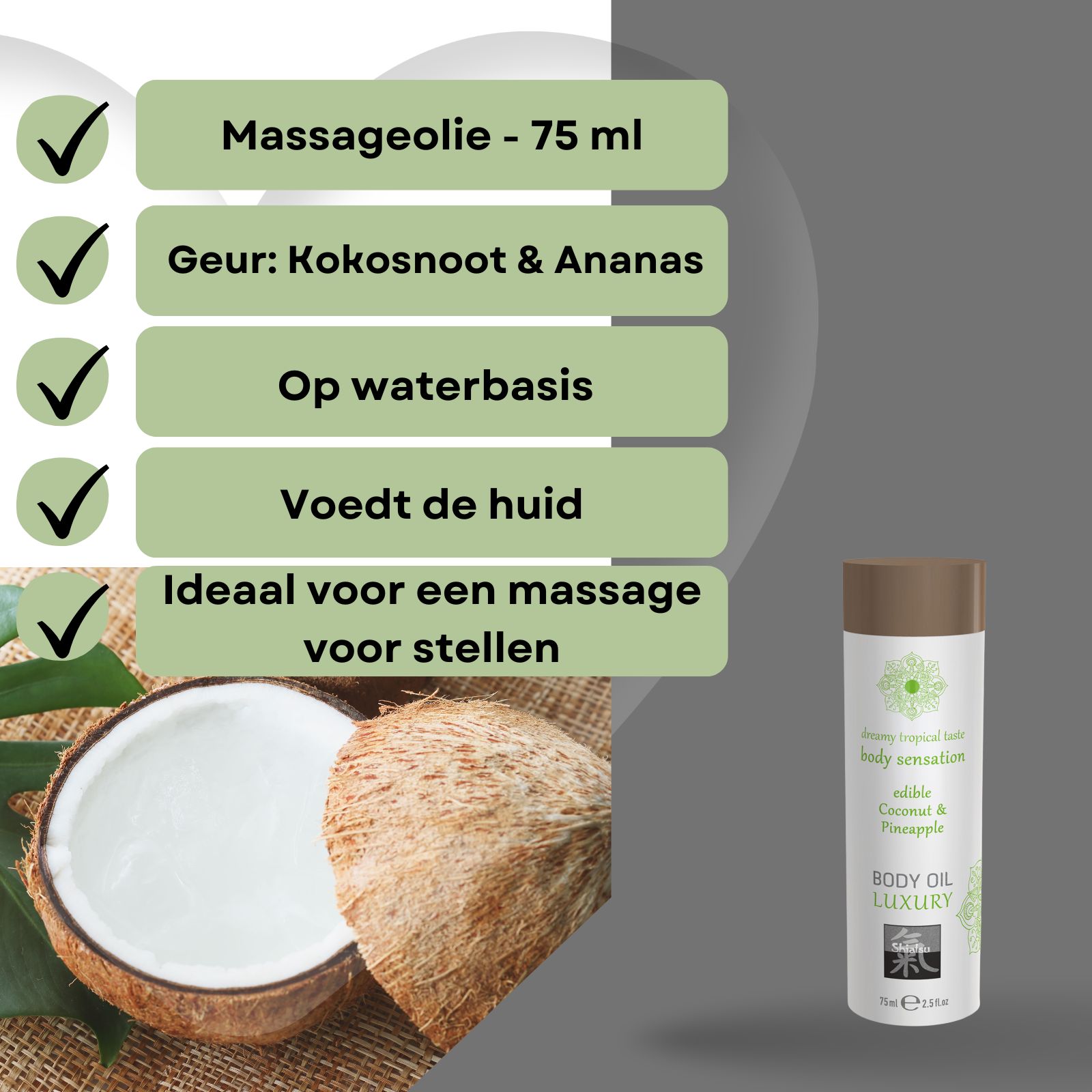 Fles Shiatsu Body Oil Luxury met kokos-ananasgeur, naast kokosnoten.