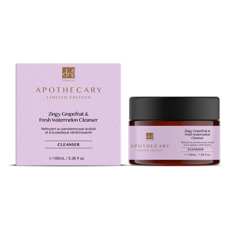 Gel nettoyant anti-âge Dr. Botanicals pamplemousse et pastèque, pot en verre avec boîte.