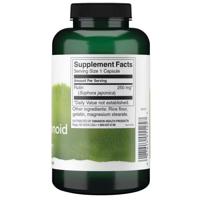 Achterkant van de groene fles. Wit etiket met voedingswaarde. Bevat rutine (250 mg) en andere ingrediënten.