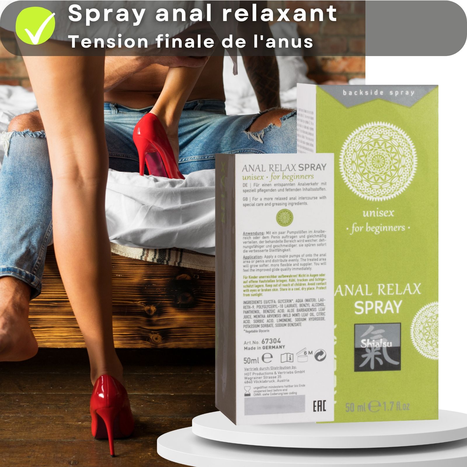 Produit et couple. Emballage avec texte. ANAL RELAX SPRAY, unisex, Shiatsu. 50 ml.