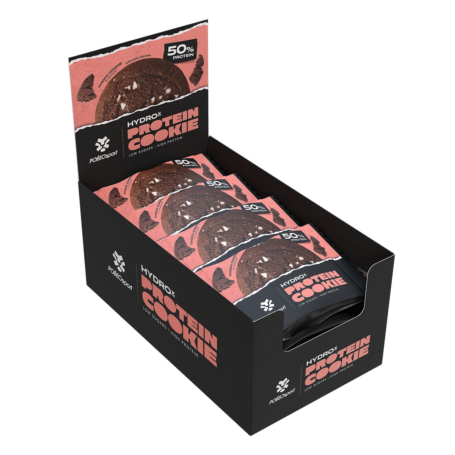 Boîte noire de cookies protéinés. Inscription : HydroX Protein Cookie, 50% de protéines. Cookies emballés individuellement.