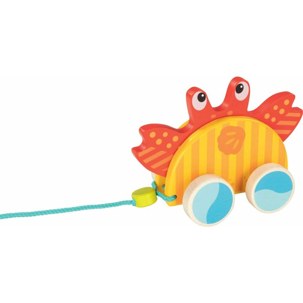 Crabe en bois à tirer. Design jaune et orange. Deux roues avec accents bleus. Pinces rouges.