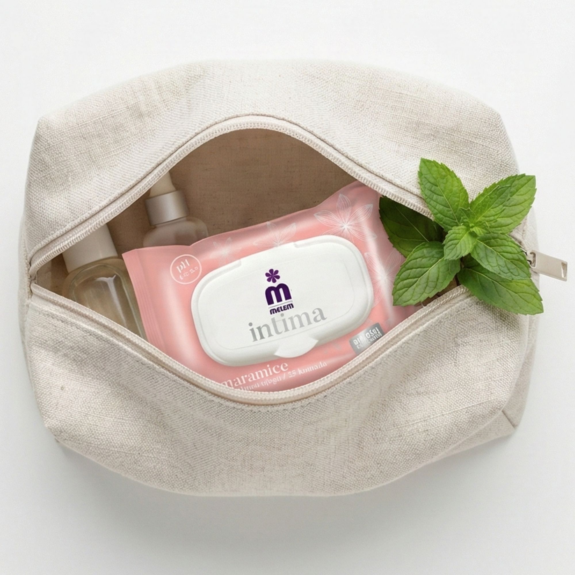 Paquet rose de lingettes humides Melem Intima dans une trousse beige. De la menthe à côté.