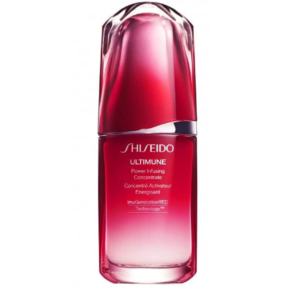 Flacon rouge et transparent. Inscription SHISEIDO ULTIMUNE Power Infusing Concentrate. Dégradé de rouge à transparent.