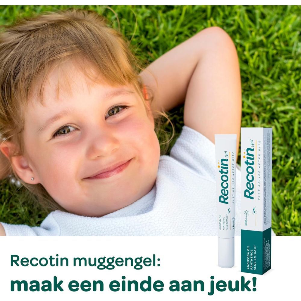 Kind in het gras. Naast: Tube en doos Recotin gel. Tekst: Fast Relief After Bite. Opschrift: Recotin muggengel: maak een einde aan jeuk!
