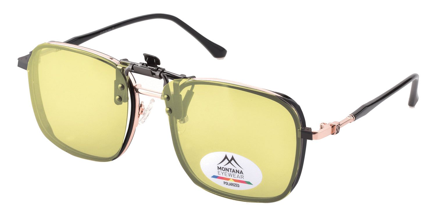 Lunettes de soleil clip-on Montana Eyewear Tofino, verres jaunes, monture noire. Logo Polarized.