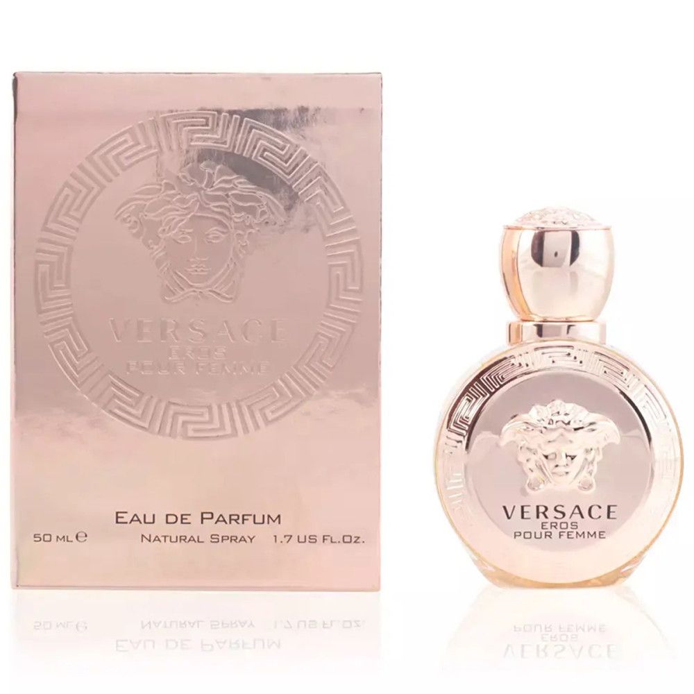 Versace Eros Pour Femme Eau de Parfum. Flacon et boîte or rose. Logo Méduse sur flacon et boîte.