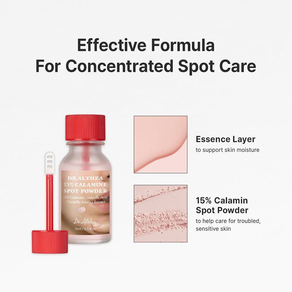 Flacon Dr. Althea 15% Calamine Spot Powder, applicateur et texte.