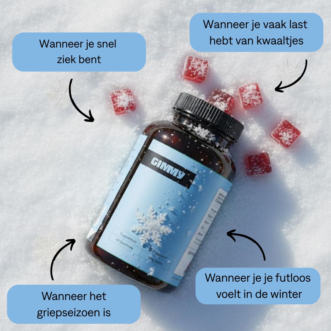 Bruine fles, zwarte dop, GIMMY-label, rode gummies op sneeuw. Teksten: Als je vaak ziek bent, griepseizoen, in de winter.