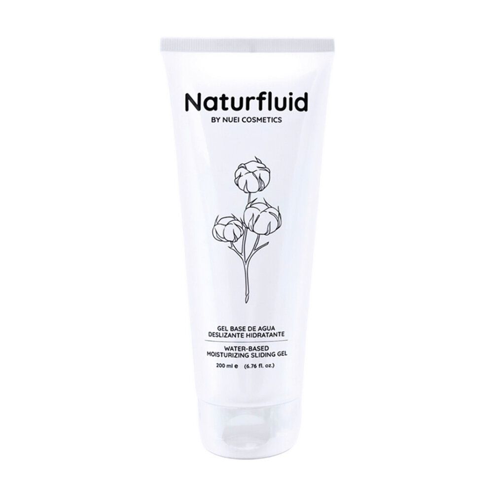 Tube blanc de gel lubrifiant Naturfluid, motif coton et texte.