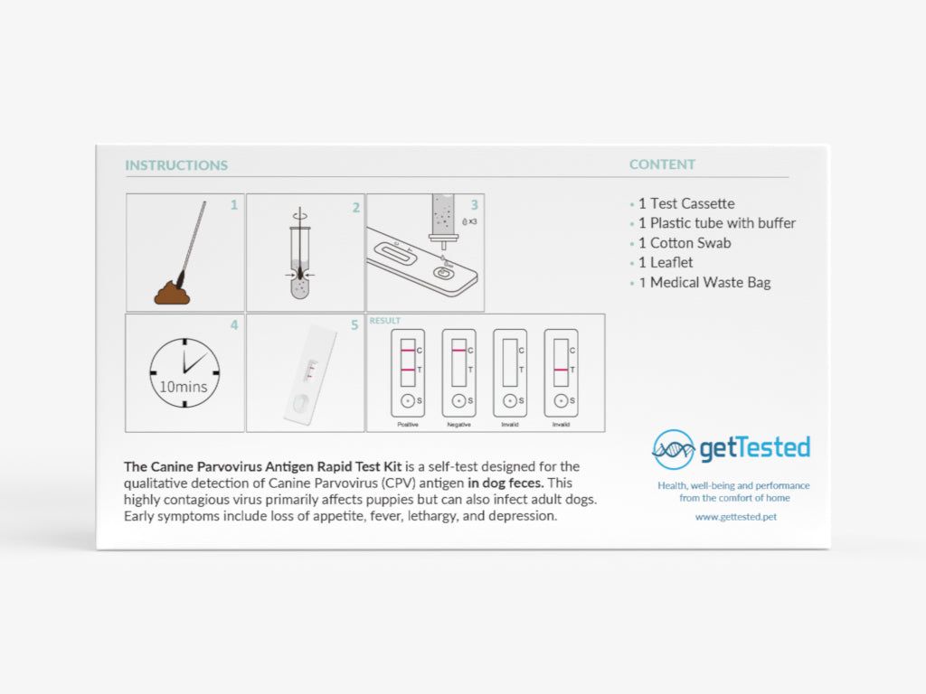 Boîte avec illustrations des étapes du test et liste du contenu. Le nom GetTested est visible.
