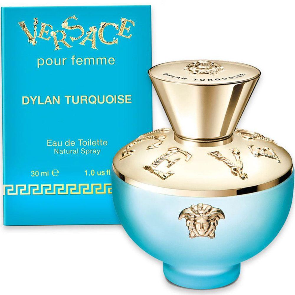 Flacon turquoise avec bouchon doré. Inscription Versace et Dylan Turquoise. Emballage rectangulaire.