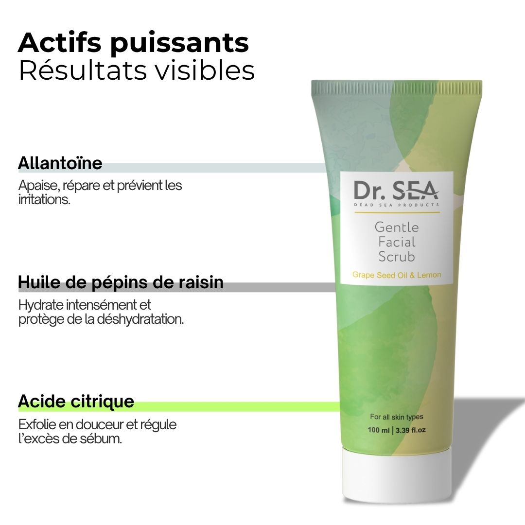Personne tenant un tube de gel exfoliant pour le visage. Texte : Gommage doux, peau nette et éclatante. Avantages : Exfolie en douceur.
